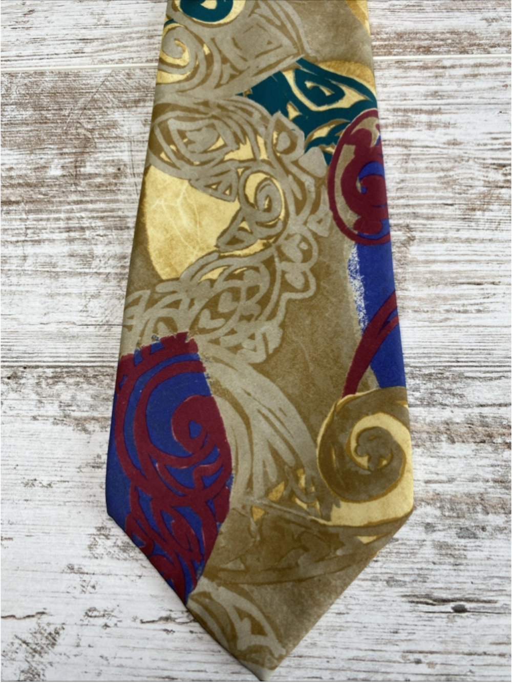 Vintage 90s Manhattan Necktie Gold Red Blue Teal Geometric Ornate Polyester Men